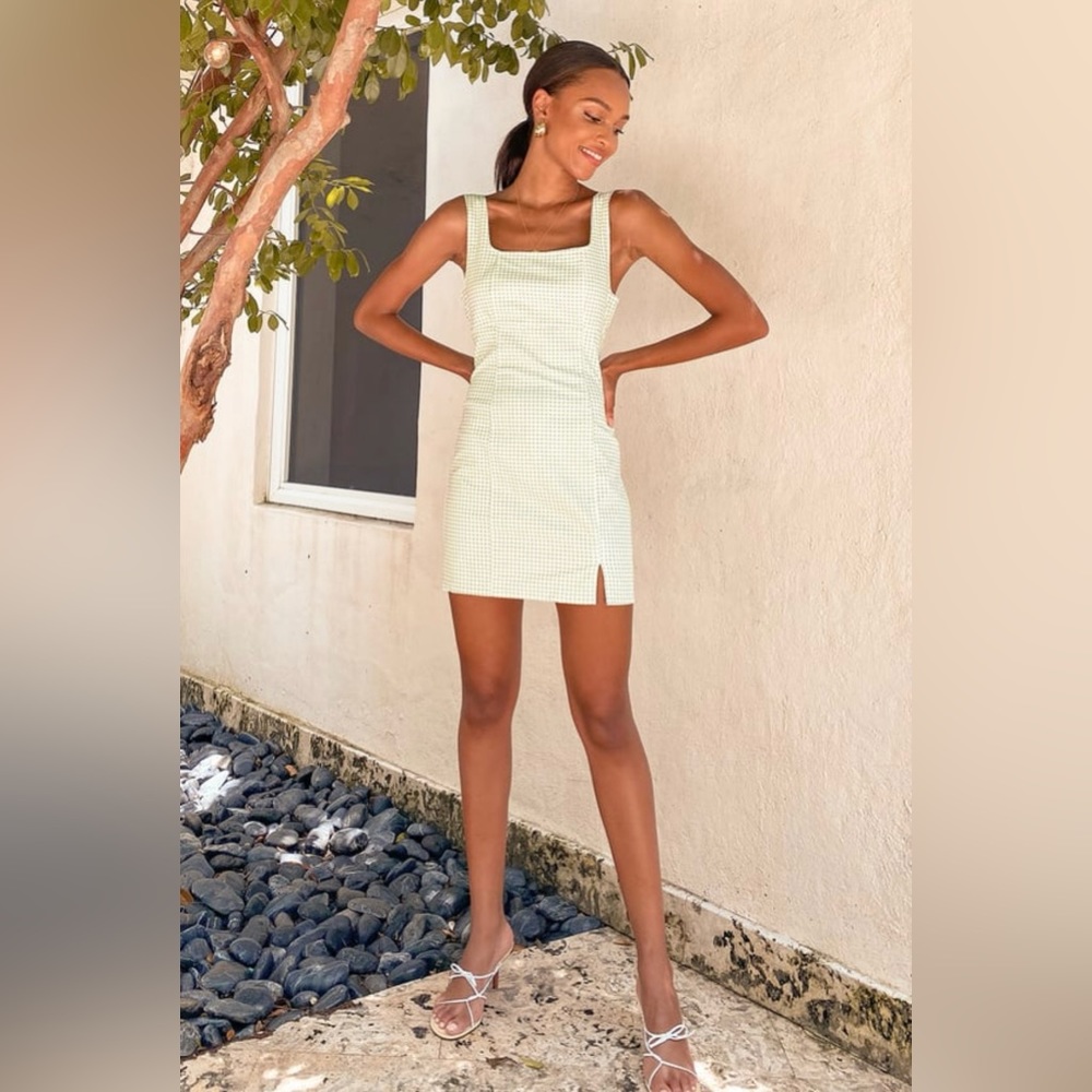 Happy Chance Sage Green Gingham Square Neck Mini Dress